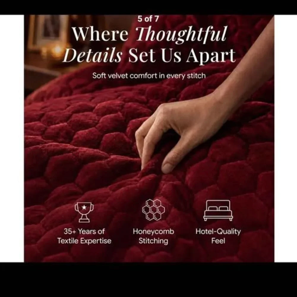 Plush Velvet Honeycomb Quilt Set in Burgundy with 2 Shams - new